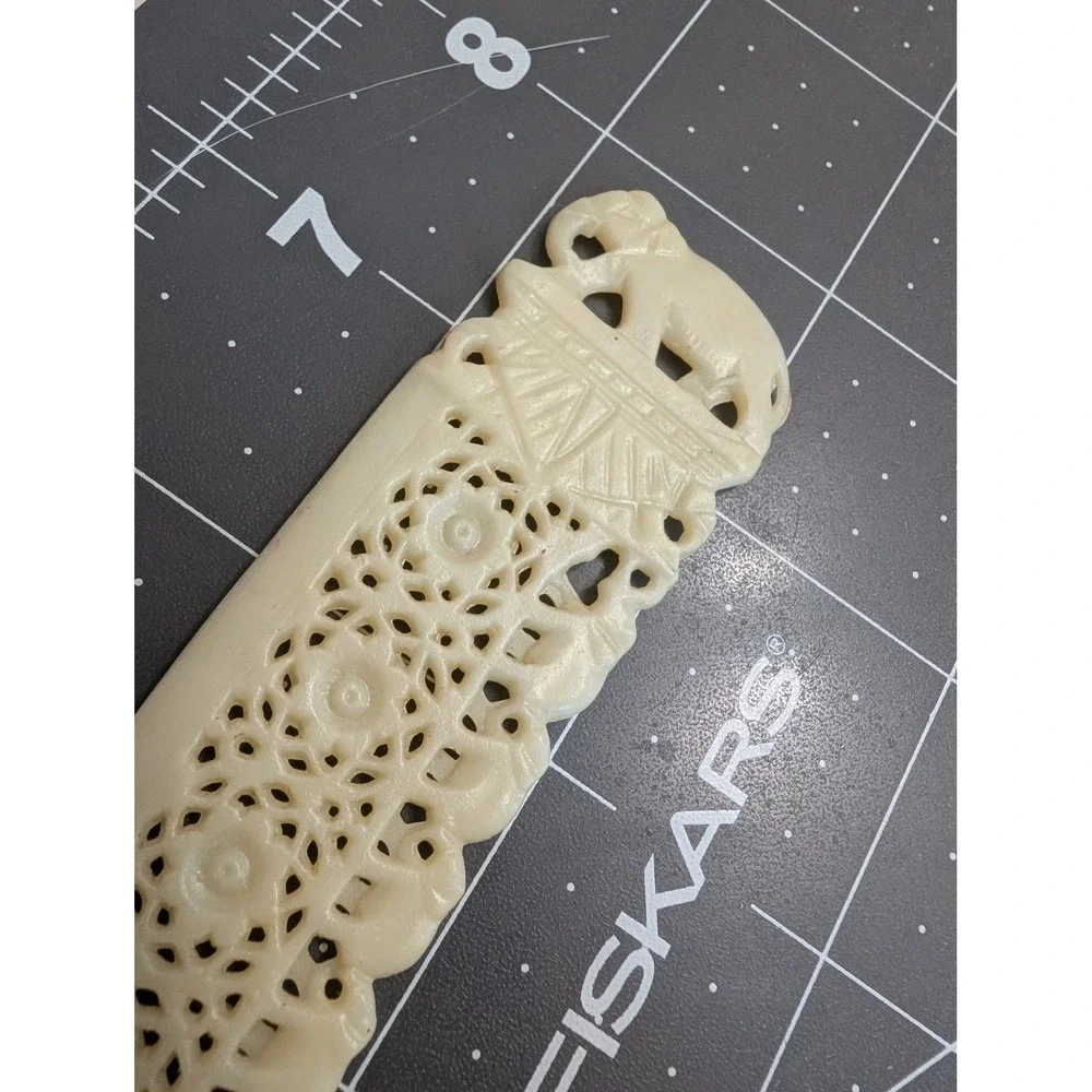 Carved Elephant Letter Opener lace‎ detail Ivory Color Celluloid Plastic